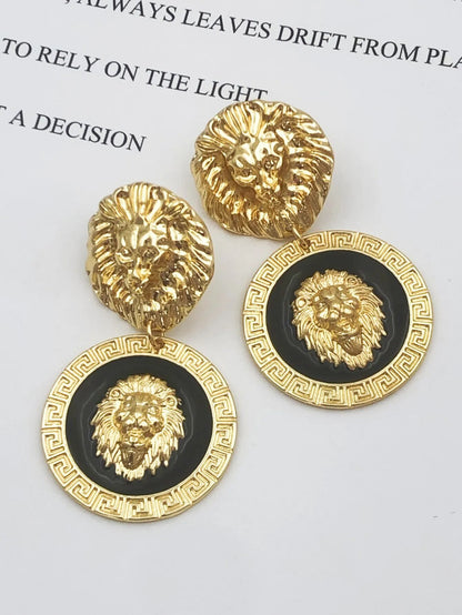 Gold Texture Lion Head Extended Dangle Earrings Fashion For Women Jewelry