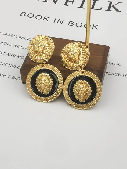 Gold Texture Lion Head Extended Dangle Earrings Fashion For Women Jewelry