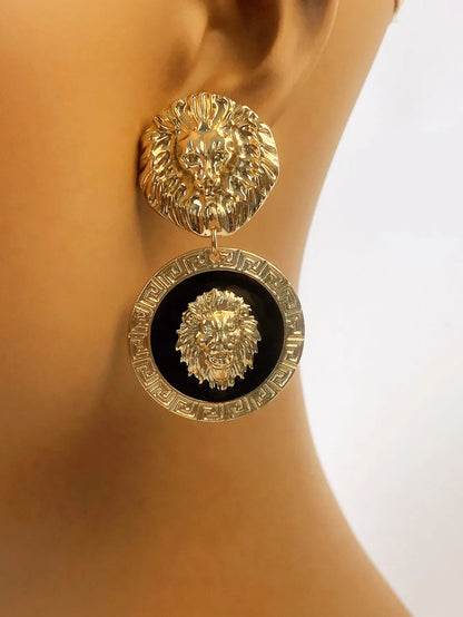 Gold Texture Lion Head Extended Dangle Earrings Fashion For Women Jewelry